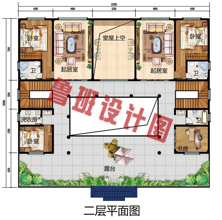 大户型中式二层四合院别墅设计施工图效果图，外观沉稳大气