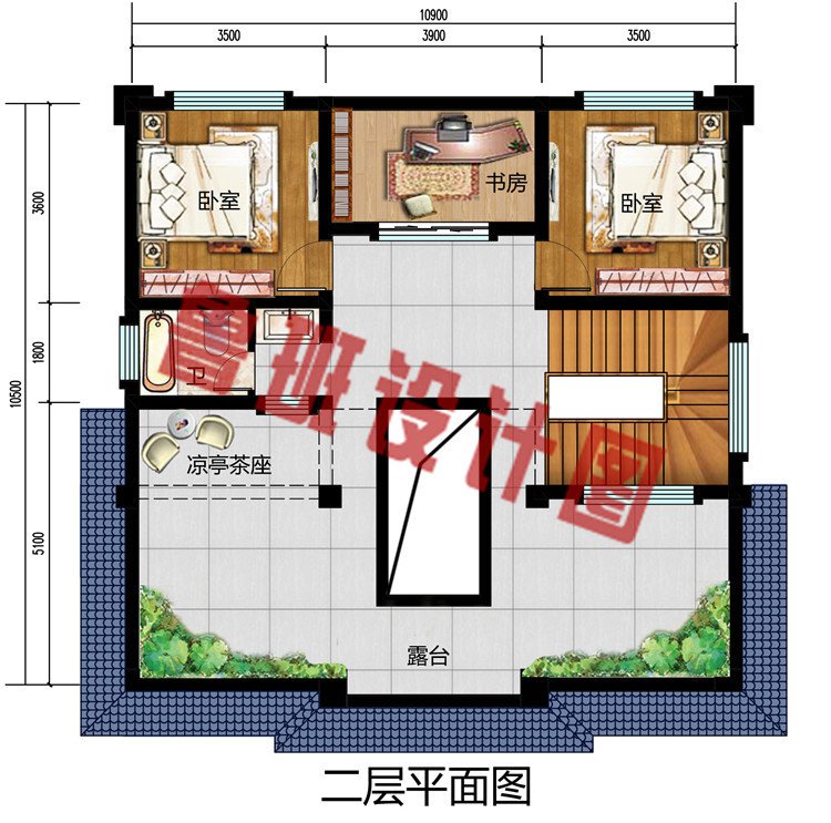 小型二层农村四合院别墅设计图，顶层大露台+内设中空露天庭院