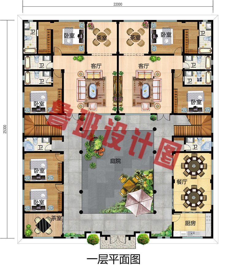 22X25米农村二层中式四合院别墅设计图效果图