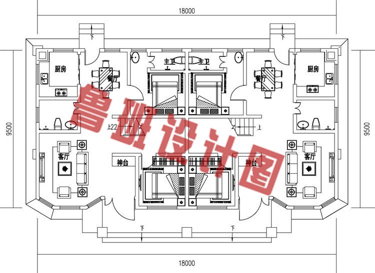 新款农村三层兄弟双拼别墅设计一层户型图