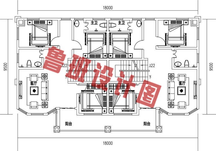 新款农村三层兄弟双拼别墅设计二层户型图