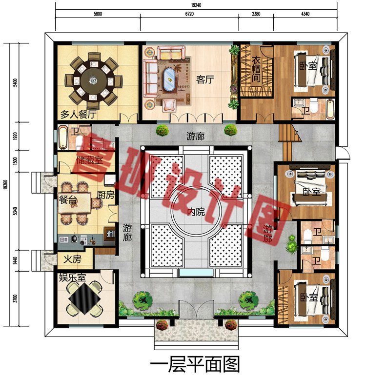 240平方米左右新中式四合院二层别墅设计图，带天井庭院