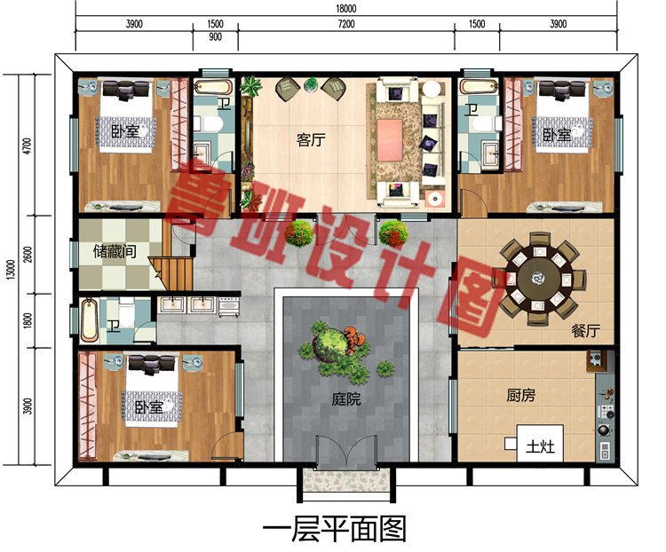 带庭院二层中式别墅设计图，中式四合院风格设计