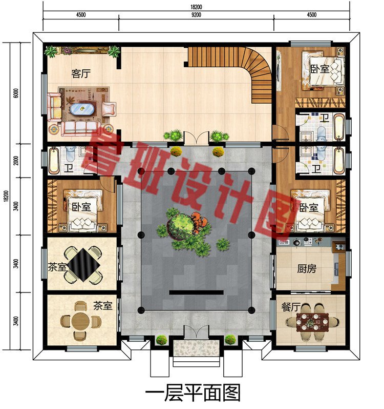 双露台四合院自建二层别墅设计图，四四方方的中式户型