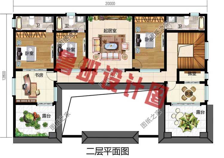 农村新中式二层四合院自建房设计图，户型方正