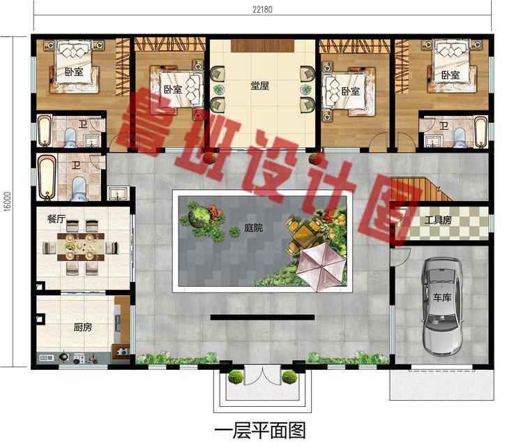 带车库农村自建二层中式四合院别墅设计图，砖混结构设计