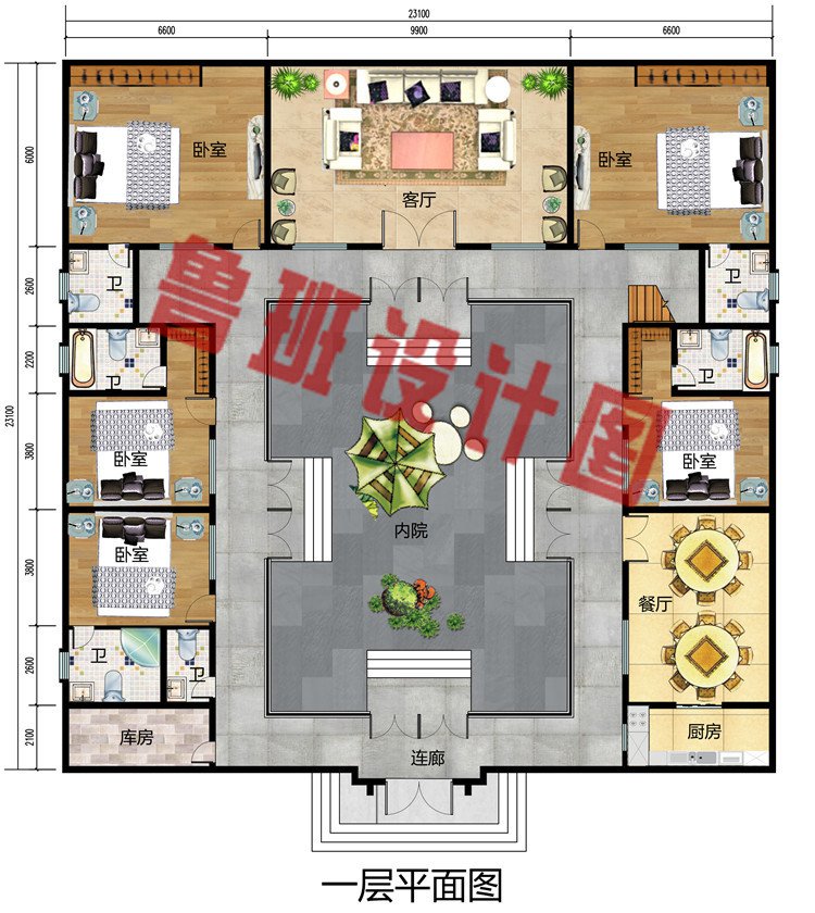 农村自建二层中式四合院别墅设计图，占地400平左右