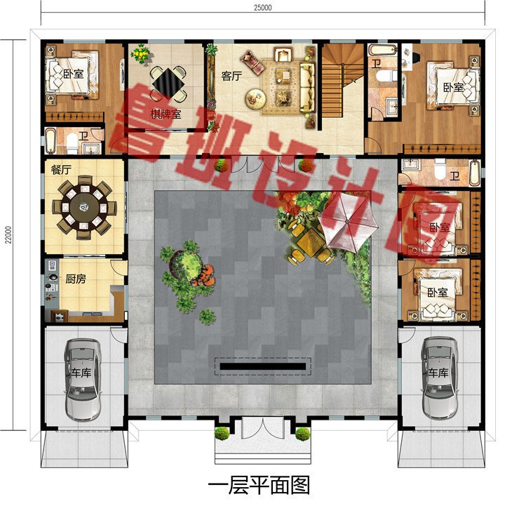 300多平中式二层四合院别墅设计图，带双车库设计