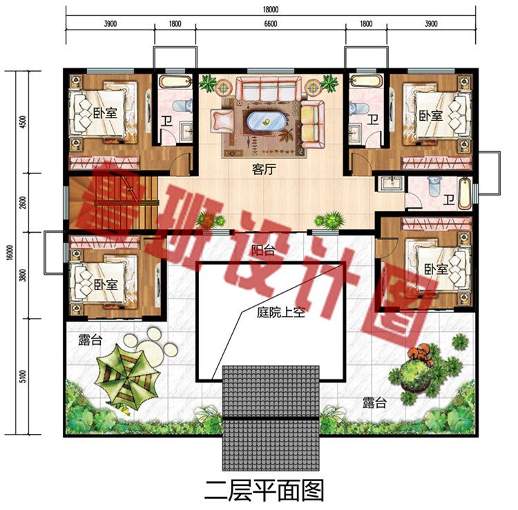 乡村二层中式四合院自建房屋设计图，农村四合院别墅推荐户型