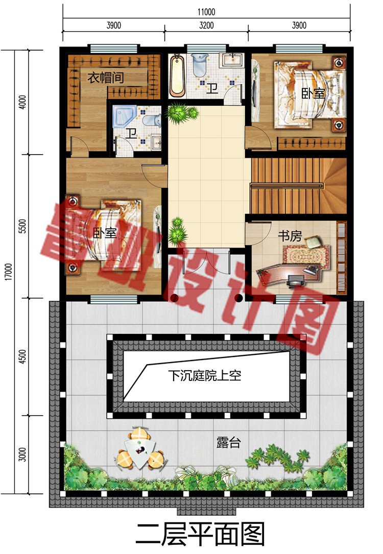 带下沉庭院两层别墅四合院设计图，含外观效果图片