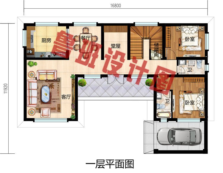 2019年新款中式小二层三合院别墅户型方案图，带堂屋和车库