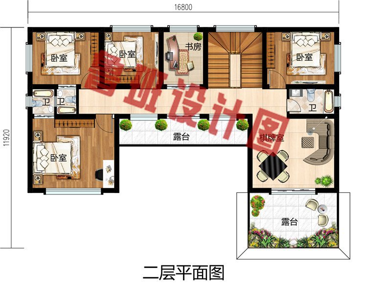 2019年新款中式小二层三合院别墅户型方案图，带堂屋和车库