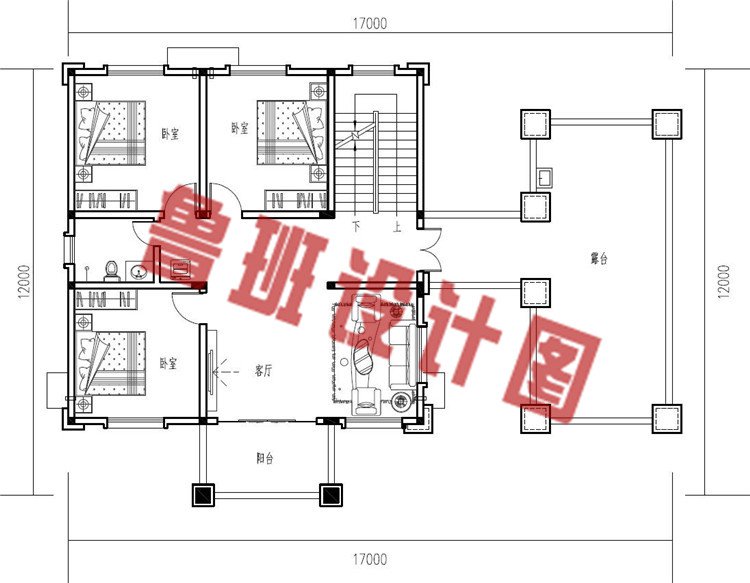 17X12米简单实用农村三层别墅设计二层户型图