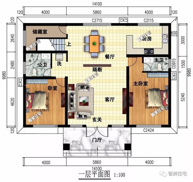 14.1×9.98米农村别墅，卧室采光性都很好，造价26万