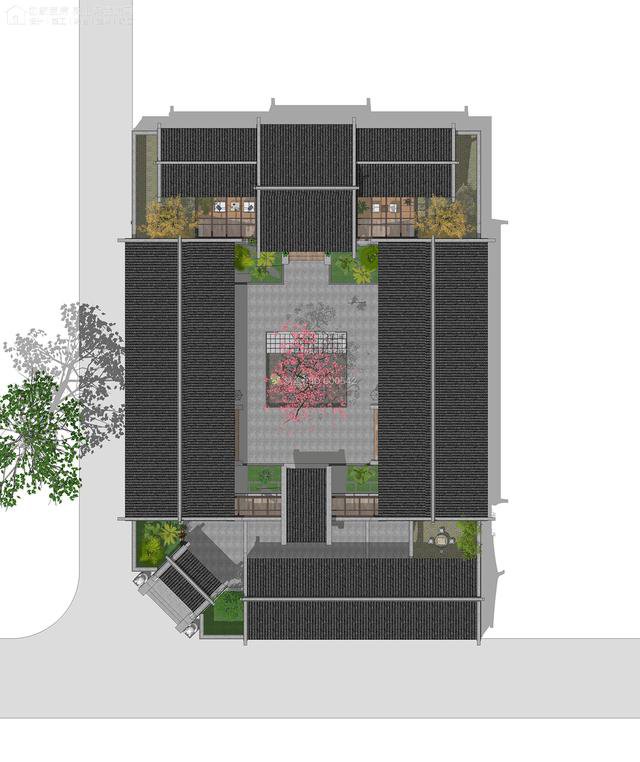 适合两家居住的古典四合院设计户型图，6卧室1客厅1车库2棋牌室