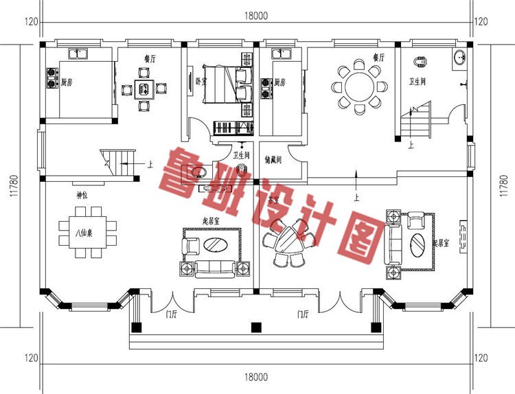 农村兄弟三层实用双拼别墅设计一层户型图