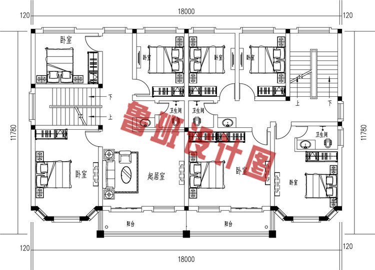 农村兄弟三层实用双拼别墅设计二层户型图