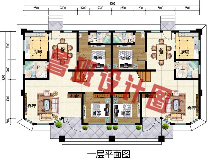 新款农村三层兄弟双拼别墅效果图设计图，欧式外观