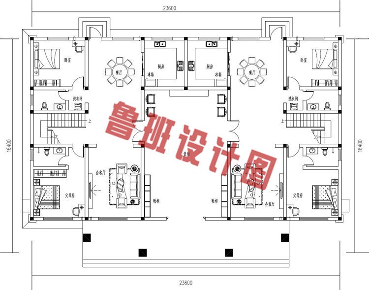 带堂屋三层欧式兄弟双拼别墅设计一层户型图