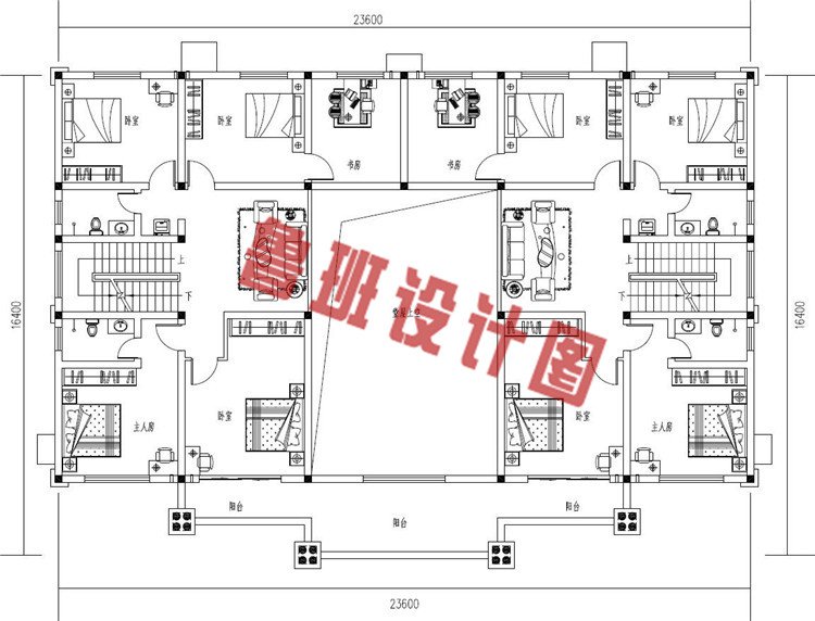 带堂屋三层欧式兄弟双拼别墅设计二层户型图