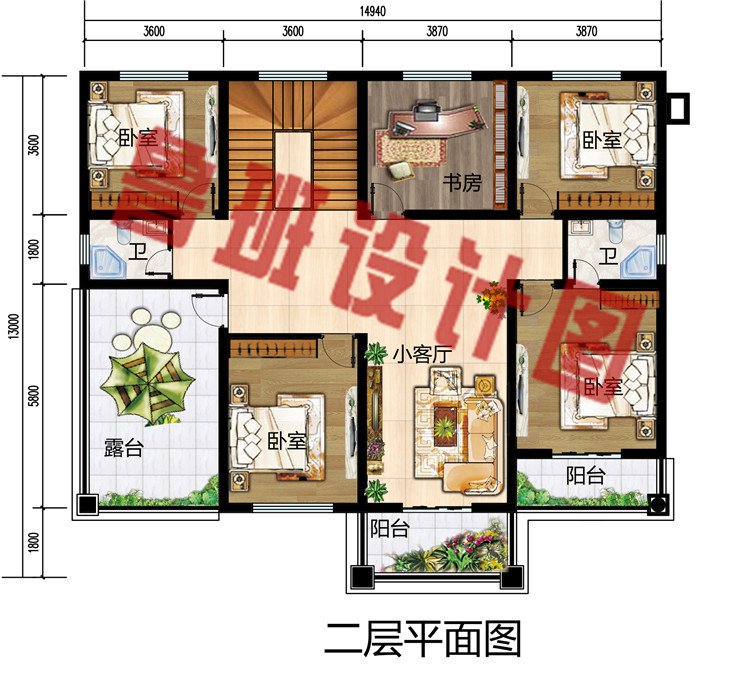 经济实用接地气乡村二层别墅设计二层户型图