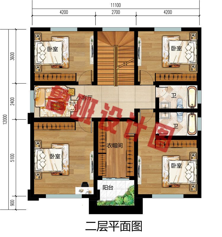 125平方米农村新款三层别墅设计二层户型图