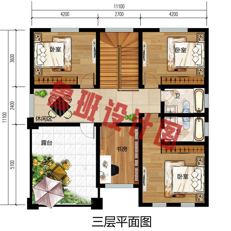 125平方米农村新款三层别墅设计三层户型图