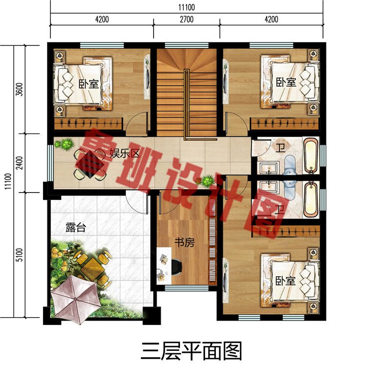 125平方米农村新款三层别墅设计三层户型图