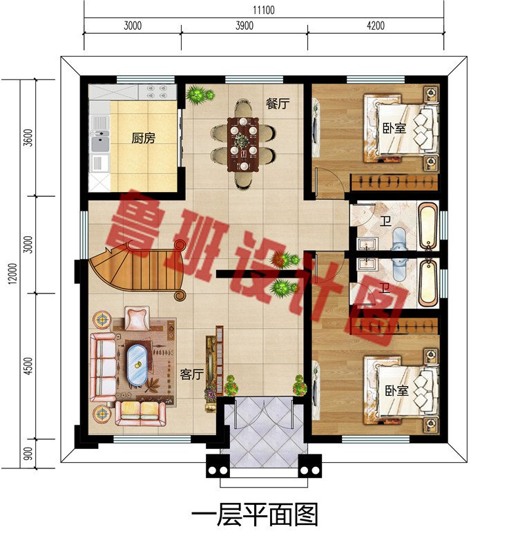 125平方米农村新款三层别墅设计一层户型图