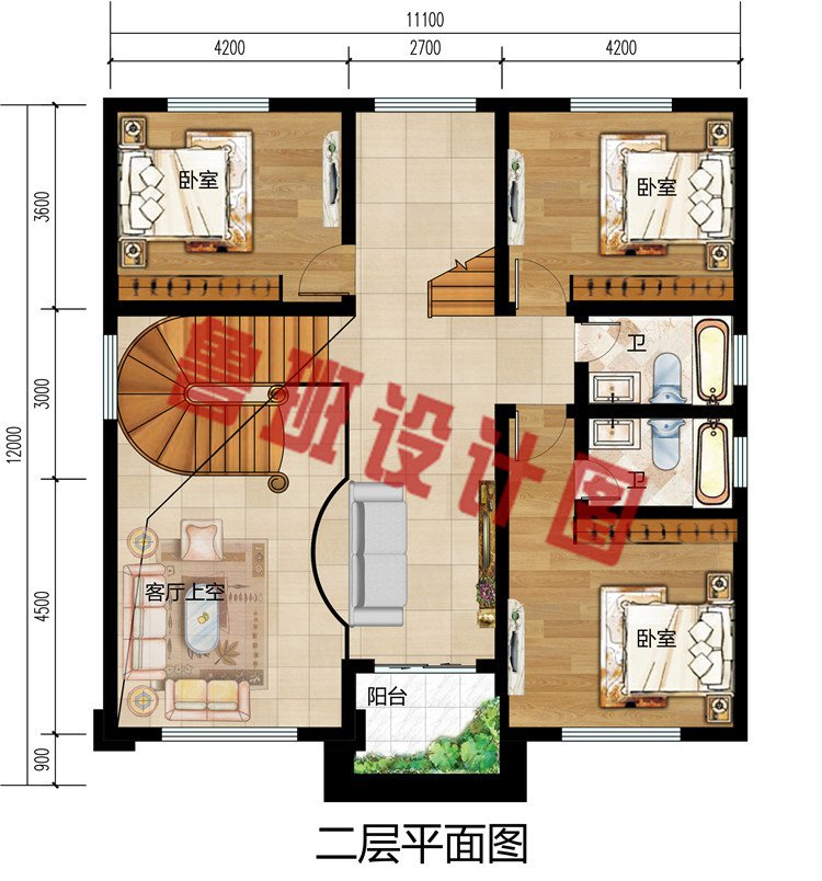 125平方米农村新款三层别墅设计二层户型图