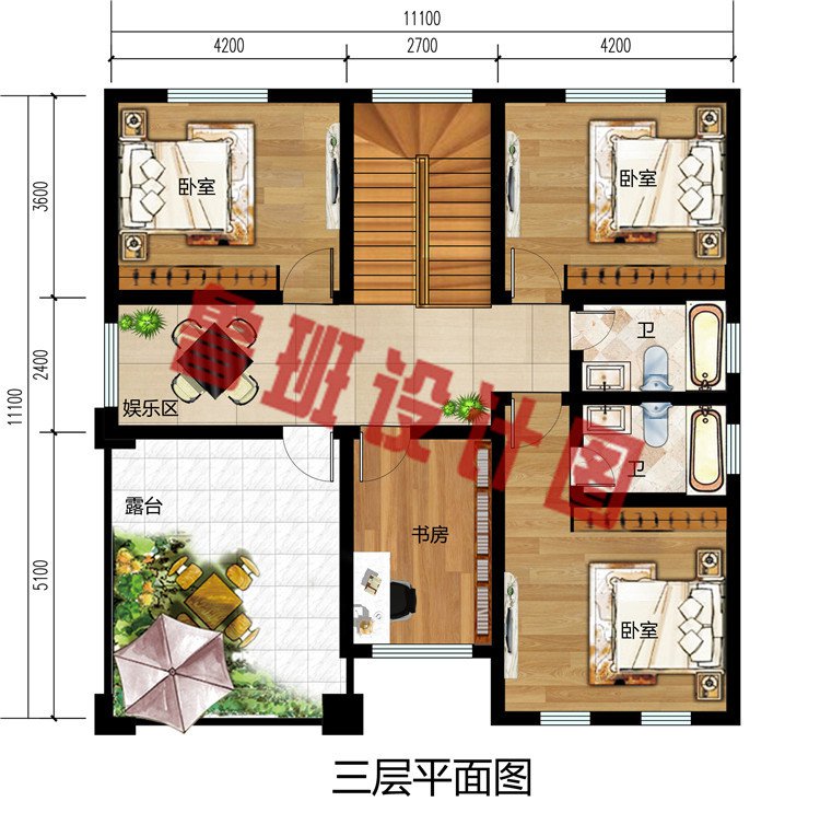 125平方米农村新款三层别墅设计三层户型图