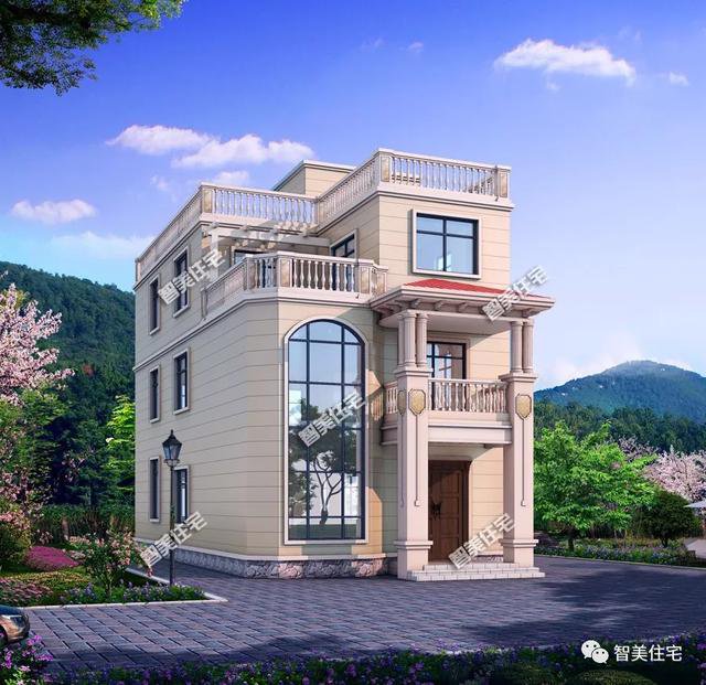 两栋平屋顶设计的小面宽别墅，客厅挑空，宅基地特殊也好建房