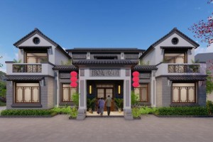 新中式双拼别墅设计效果图，配色使用让建筑更具古韵。