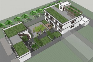 新中式庭院别墅立面图，种植屋面，从天空俯瞰，会看到花园。