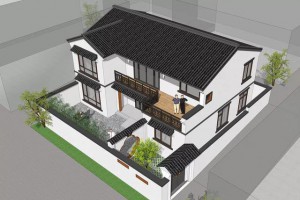 二层新中式别墅设计实景图，粉墙黛瓦保留了中式建筑的韵味。