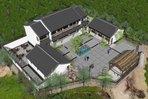 双拼三合院别墅案例，屋顶采用中式硬山顶，古色古香。