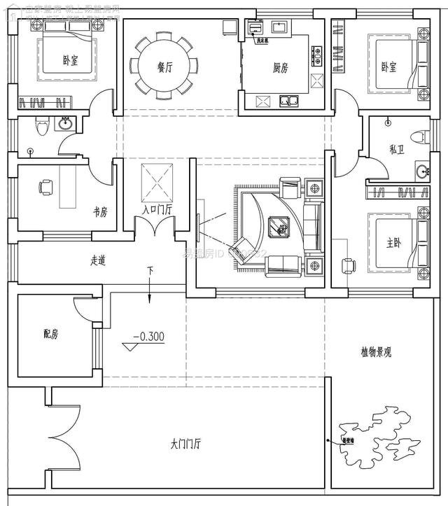 30万山东滕州朱家一层住宅，主房设3卧1书房1厨1厅1卫