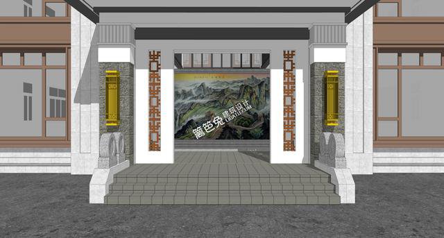 三层新中式合院别墅、带天井和露台，院子里喝茶种花和鱼池