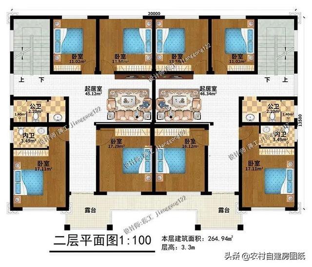 5款二层双拼别墅，面宽20米，2款带堂屋1款有车库