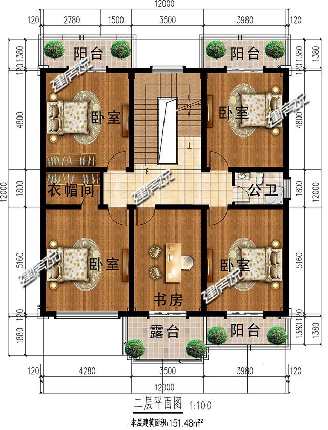 12X12米，盖一栋户型方正的二层别墅，美爆了