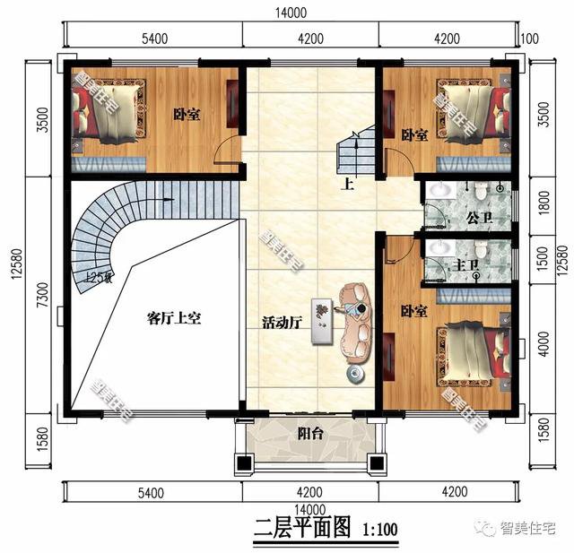 14×12.58米农村别墅，挑空客厅+旋转楼梯，很赞的布局