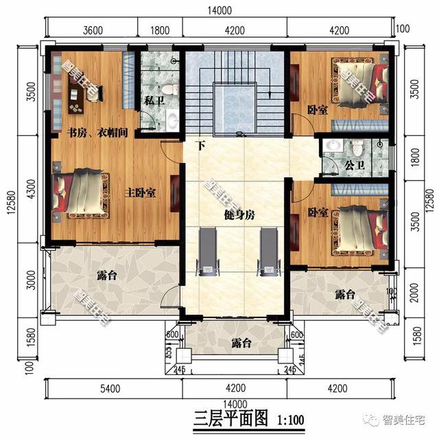 14×12.58米农村别墅，挑空客厅+旋转楼梯，很赞的布局