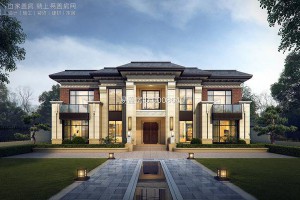 新中式别墅效果图，造型方正雅致，颜色舒适淡雅。
