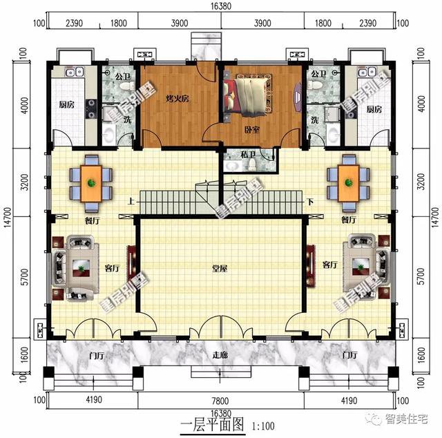 两栋宽16米多的农村双拼别墅，共用大堂屋，在老家很实用