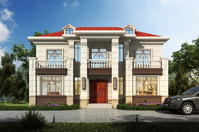 外观对称设计的二层简欧别墅设计图，造价30-40万