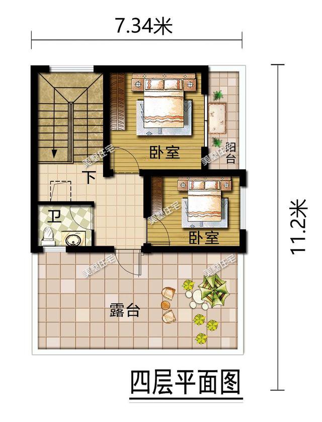 开间5米的四层别墅，占地67平带大露台，小宅基地建房首选