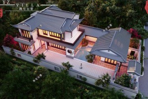 二层中式合院别墅设计图纸，屋顶层次错落有致。