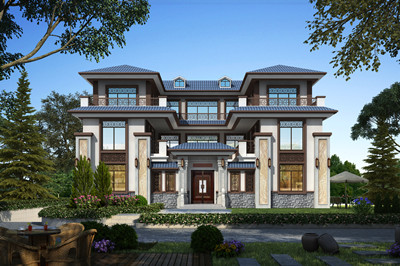 中式农村三层别墅设计图，外观对称设计，面宽18米