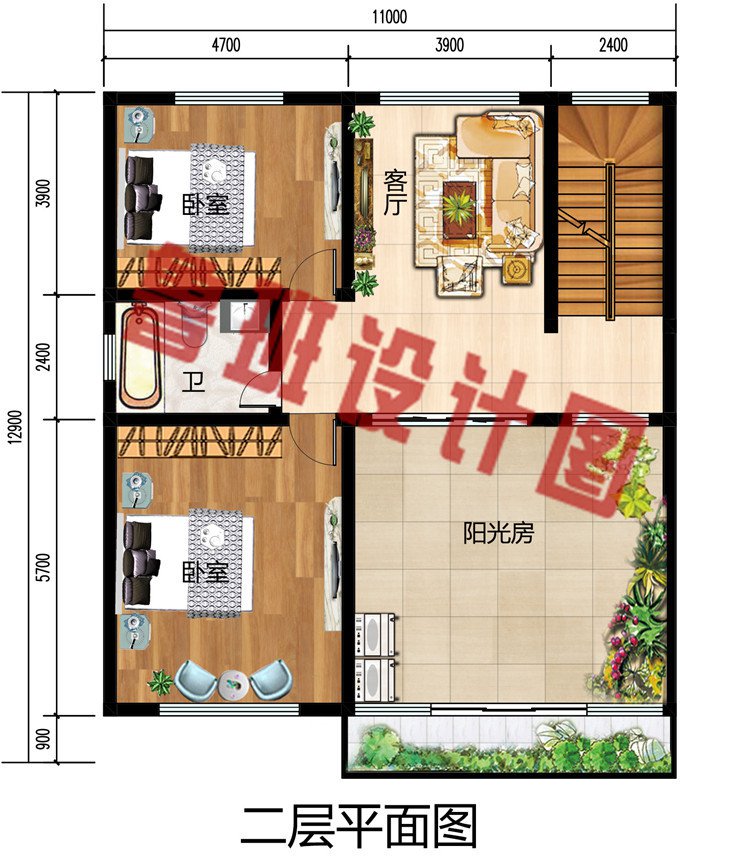 新中式带阳光房二层别墅设计小楼图，外观古朴有质感