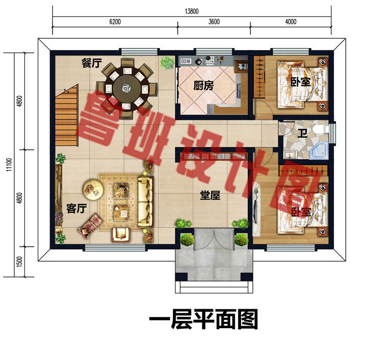 面宽13米二层乡村自建别墅户型设计图，带堂屋和大露台